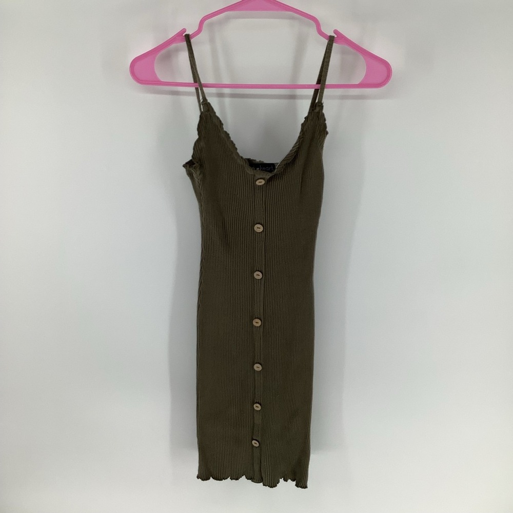 Olive Green Ribbed Button Front Camisole Mini Dress Sleeveless L